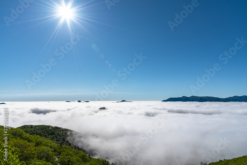 Panorama view from Unkai Terrace in summer time sunny day. Take the cable car at Tomamu Hoshino Resort, going up to see the sea of clouds. Shimukappu village, Hokkaido, Japan © Shawn.ccf