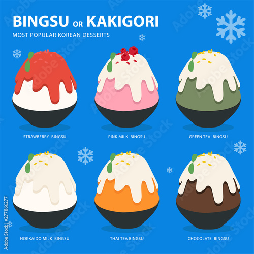 bingsu or kakigori most popular korean desserts on blue background with snow
