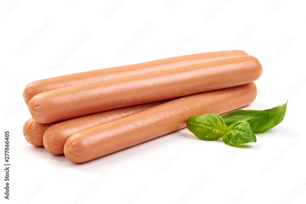 Fresh boiled chicken sausages, for grill, close-up, isolated on white background Fresh boiled chicken sausages, for grill, close-up, isolated on white background