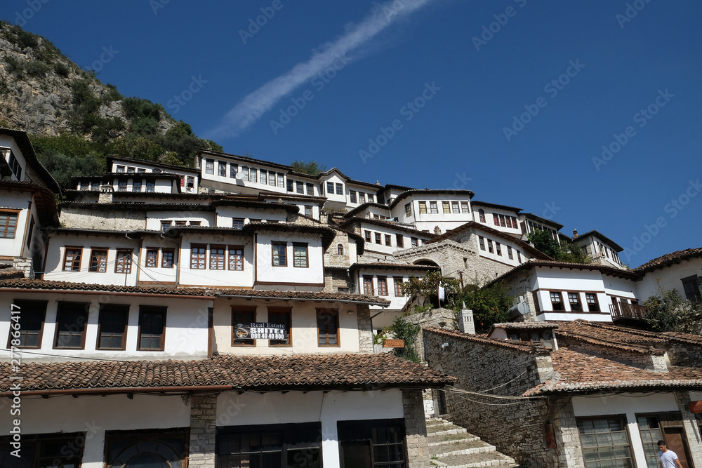 Traditional ottoman houses in old town Berat known as the White City of Albania