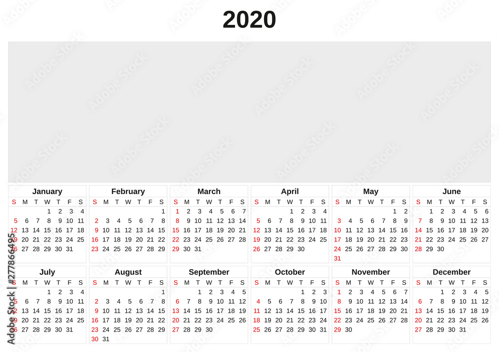2020 annual calendar with white background.