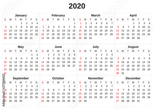 2020 annual calendar with white background.