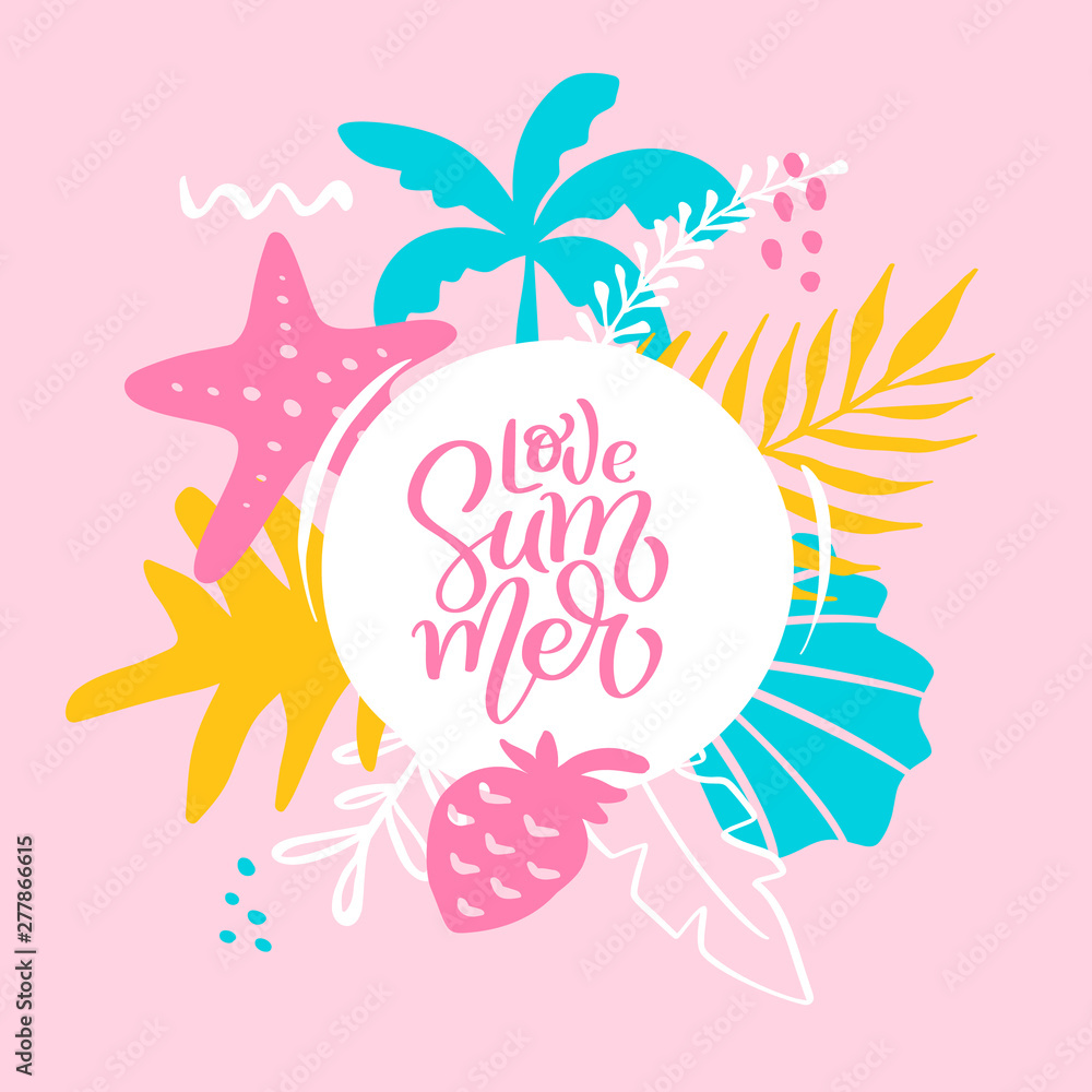 Obraz premium Text Love Summer in tropical floral leaves and sea elements frame. Hand drawn lettering calligraphy vector illustration. quote design logo greeting card. Inspiration typography poster