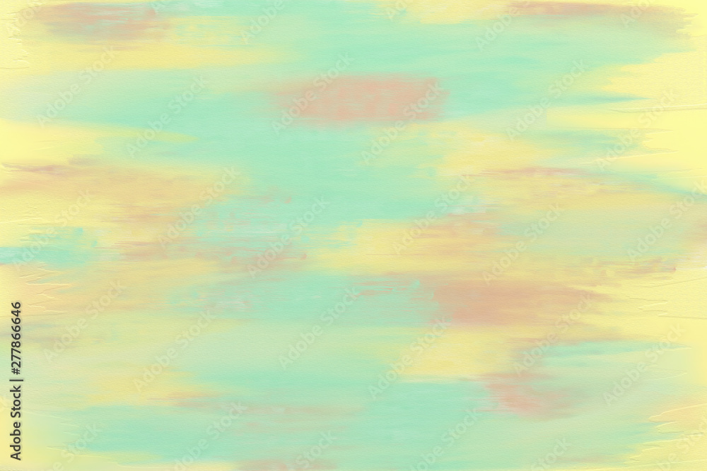 Creative mint green, lemon yellow and coral red background with brush strokes. Digital art background on canvas.