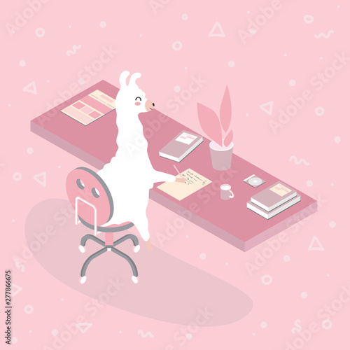 Young llama character sitting at a table with books and working. Alpaca writes a letter. Trendy flat style. Vector illustration.