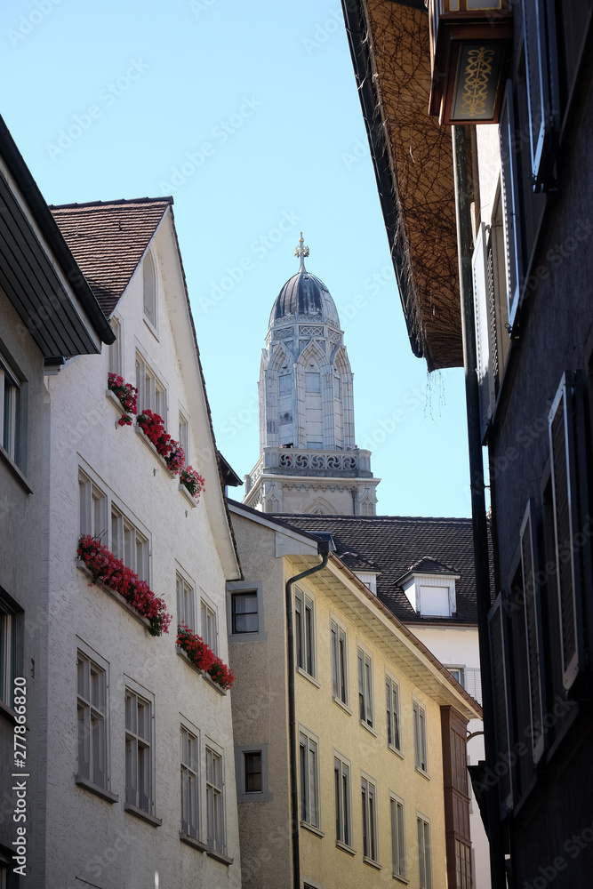Tower of the Grossmunster Protestant church in Zurich, Switzerland