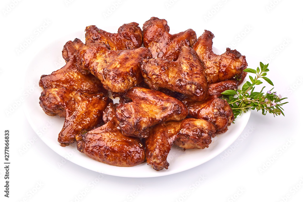 Grilled chicken wings, Restaurant food, close-up, isolated on white background