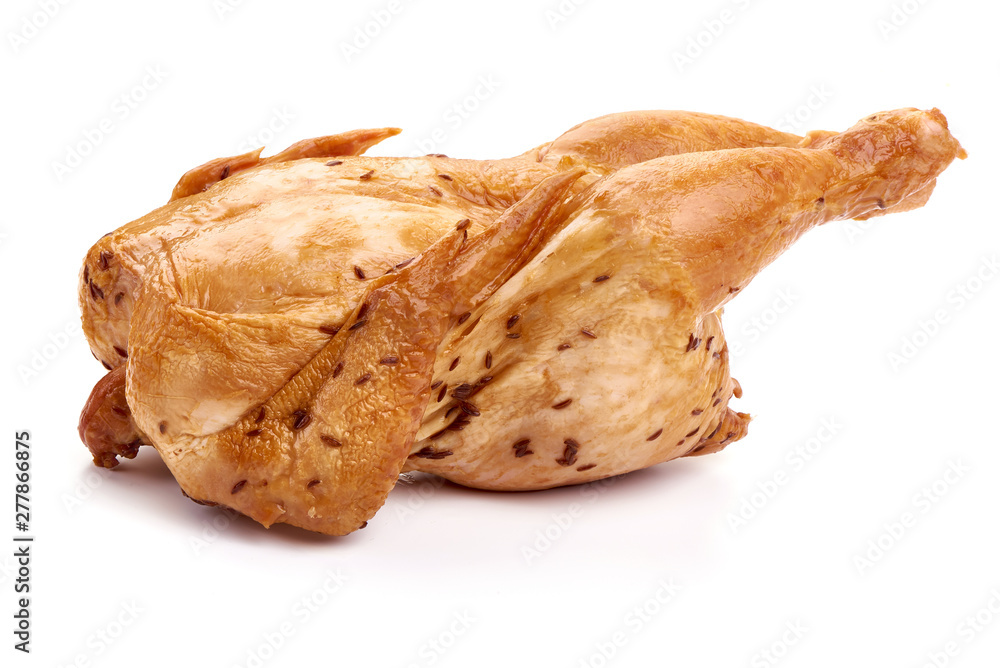 Fototapeta premium Smoked chicken with caraway seeds, close-up, isolated on white background