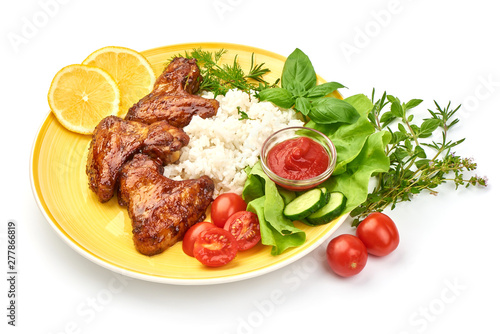 Grilled chicken Legs with rice, close-up, isolated on white background