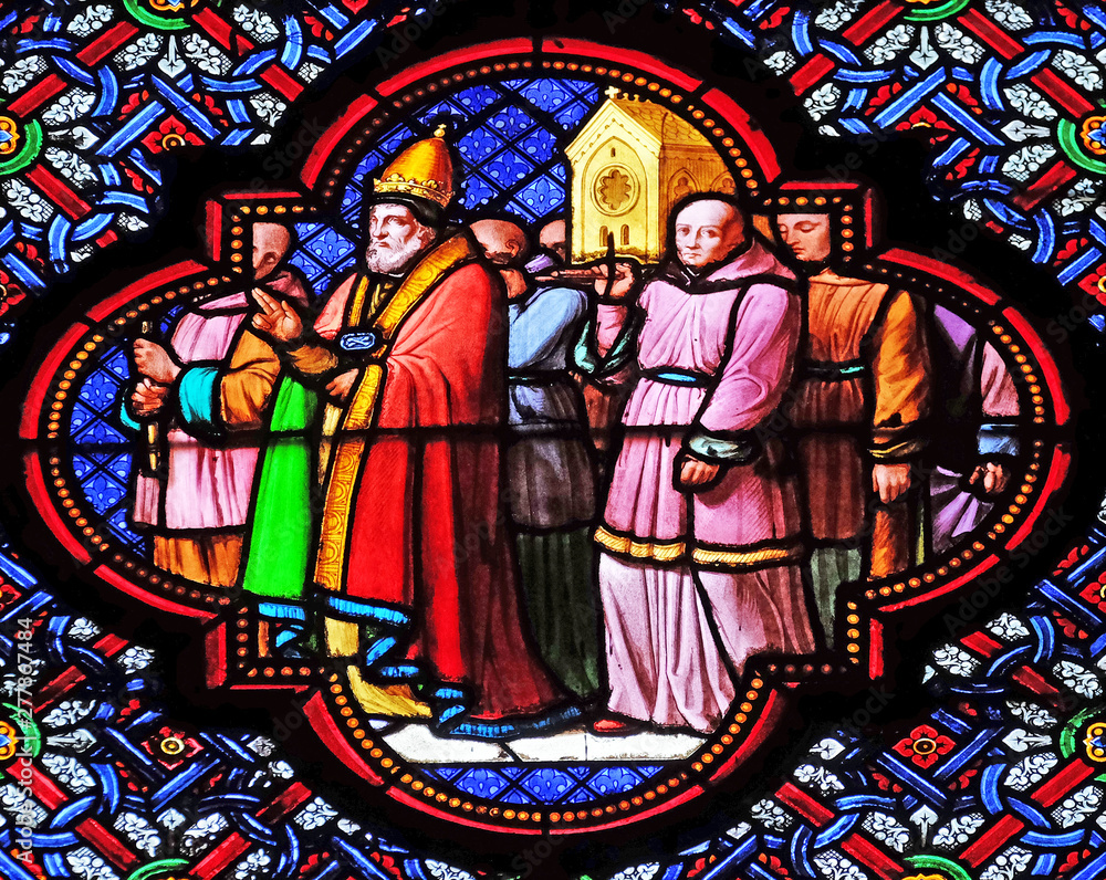 Transfer  of Saint Remi relics, stained glass window in the Basilica of Saint Clotilde in Paris, France