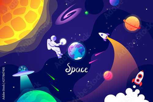 Space banner, planets, astronaut, alien. Cartoon vector illustration. Universe.