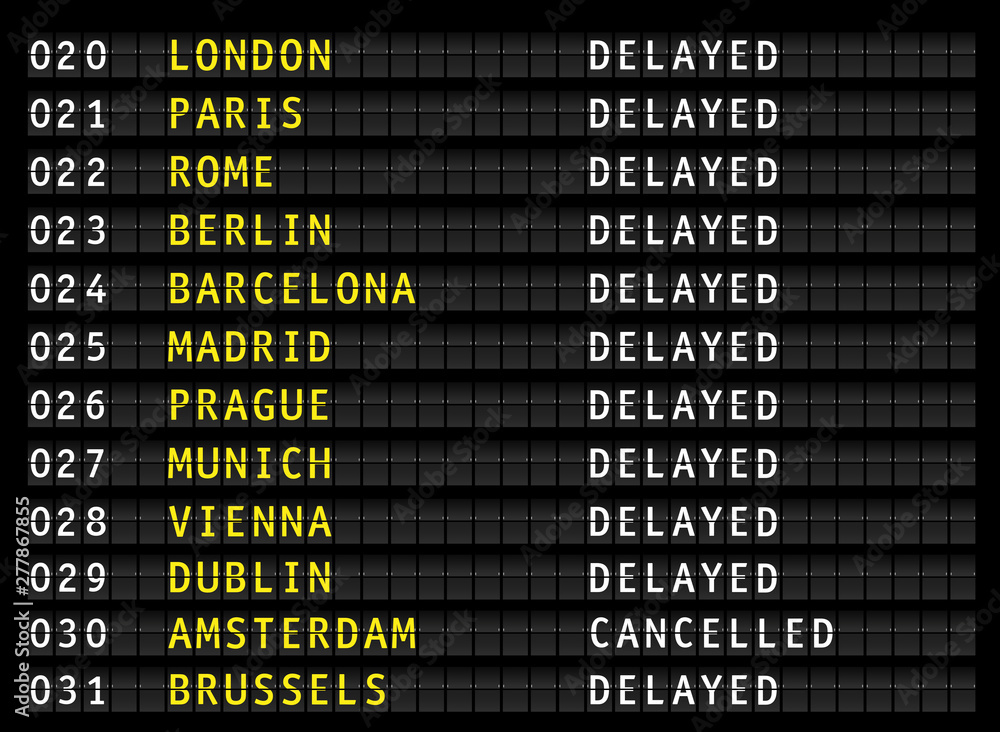 Delayed And Cancelled Flights On Airport Information Display Board