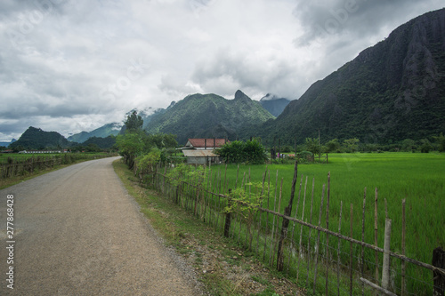 Fototapeta Naklejka Na Ścianę i Meble -  Beautiful day around the fields and the dirt roads of Vang Vieng area in Laos.  This place feels out of this world , full of green mountains and rice fields , blue lagoons and rivers.  