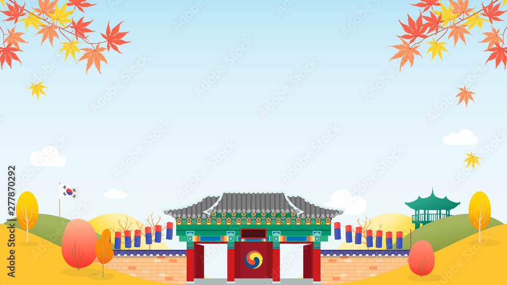 Korea Background vector illustration. Colorful autumn mountains, traditional Korean gate with