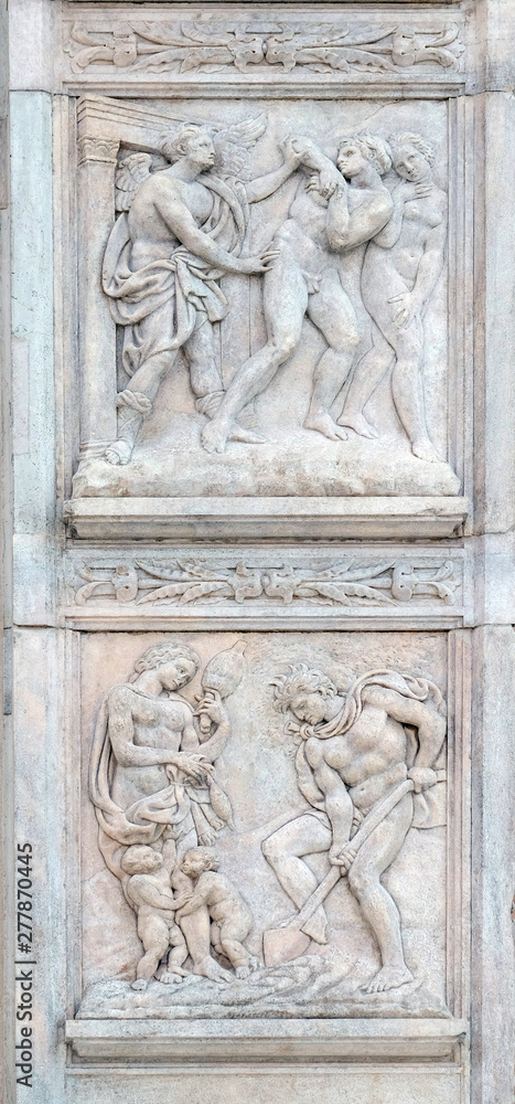 Expulsion from Paradise up, the work of Adam and Eve down, panel by Jacopo della Quercia on the central door of San Petronio Basilica in Bologna, Italy