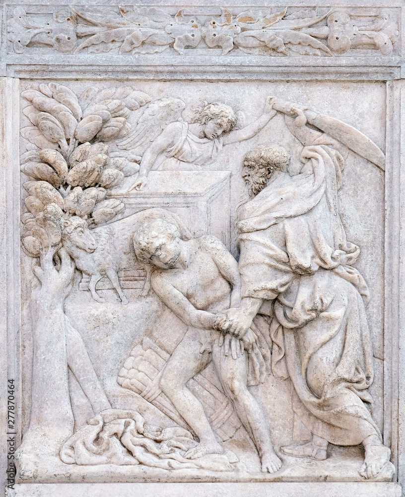 Abraham Sacrificing Isaac, relief on portal of Saint Petronius Basilica in Bologna, Italy
