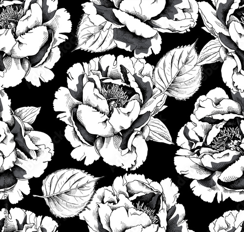 Wallpaper Mural Seamless pattern with image of a Peony Cytherea and Pion-shaped rose. Vector black and white illustration. Torontodigital.ca