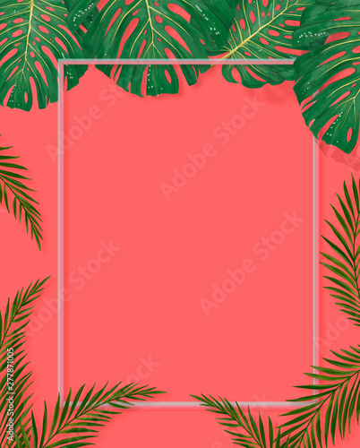 Tropical palm leaves frame on coral backdrop. Summer tropical leaf. Exotic hawaiian jungle, summertime background. Pastel monochrome art colorful minimal style, White frame square. Banner for text