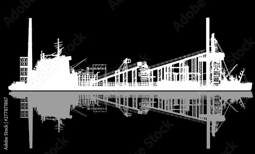 seaport with reflection isolated on black