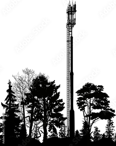 telecommunications tower silhouettes in forest isolated on white