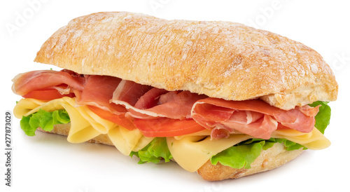 Ciabatta sandwich with lettuce, tomatoes prosciutto and cheese isolated on white background