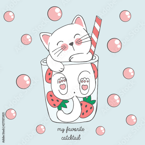 Vector illustration of cute kawaii hand drawn cat in anime style in a glass of strawberry cocktail with pink bubbles, lettering my favorite catcktail, drawing for children's menu, cocktail party