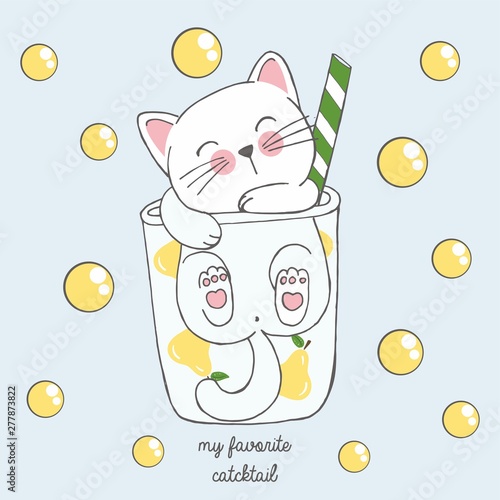 Vector illustration of cute kawaii hand drawn cat in anime style in a glass of pear cocktail with yellow bubbles, lettering my favorite catcktail, drawing for childrens menu, cocktail party