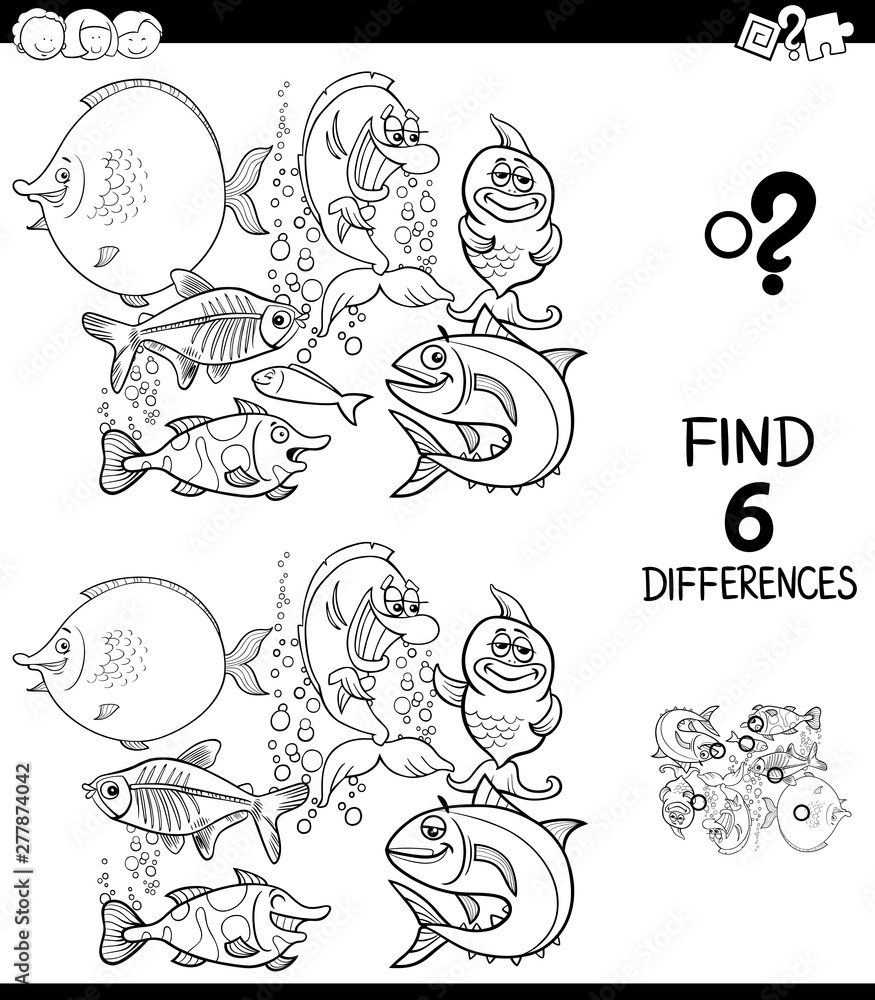 differences color book with funny fish characters