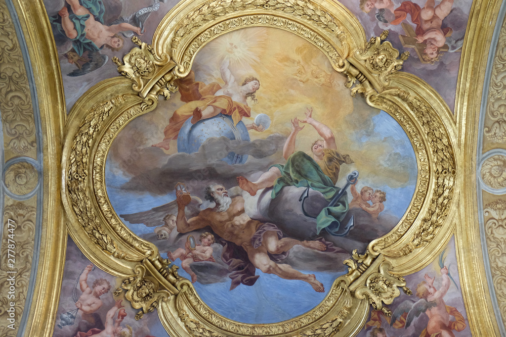 The fresco of virtues of Hope and Truth on the little cupola of side nave in Basilica dei Santi Ambrogio e Carlo al Corso by Pio Paolini from (1678 - 81), Rome, Italy