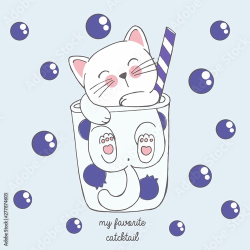 Vector illustration of cute kawaii hand drawn cat in anime style in a glass of blueberries cocktail with violet bubbles, lettering my favorite catcktail, drawing for childrens menu, cocktail party