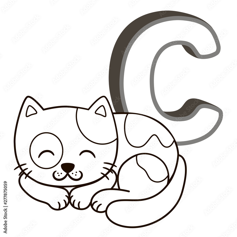 Naklejka premium coloring book alphabet with capital letters of the English and cute cartoon animals and things. Coloring page for kindergarten and preschool. Cards for learning English. Letter C. Cat