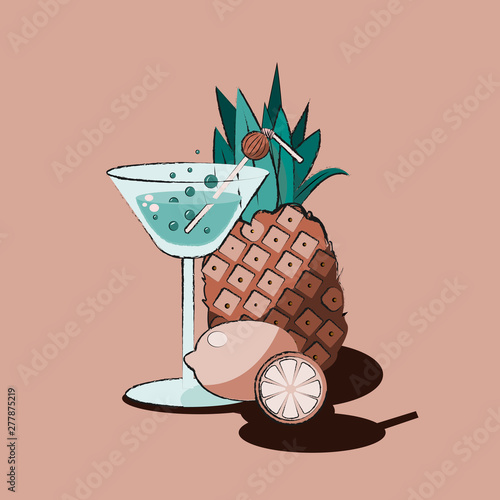 Composition of cocktail, lemon and pineapple in complimentary colors