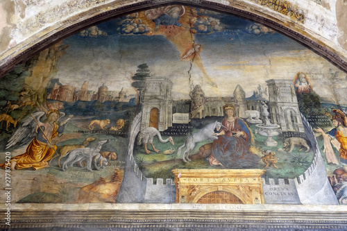 Allegorical Annunciation - Hunting the Unicorn by Giovanni Maria Falconetto, fresco in the church of San Pietro Martire in Verona, Italy photo