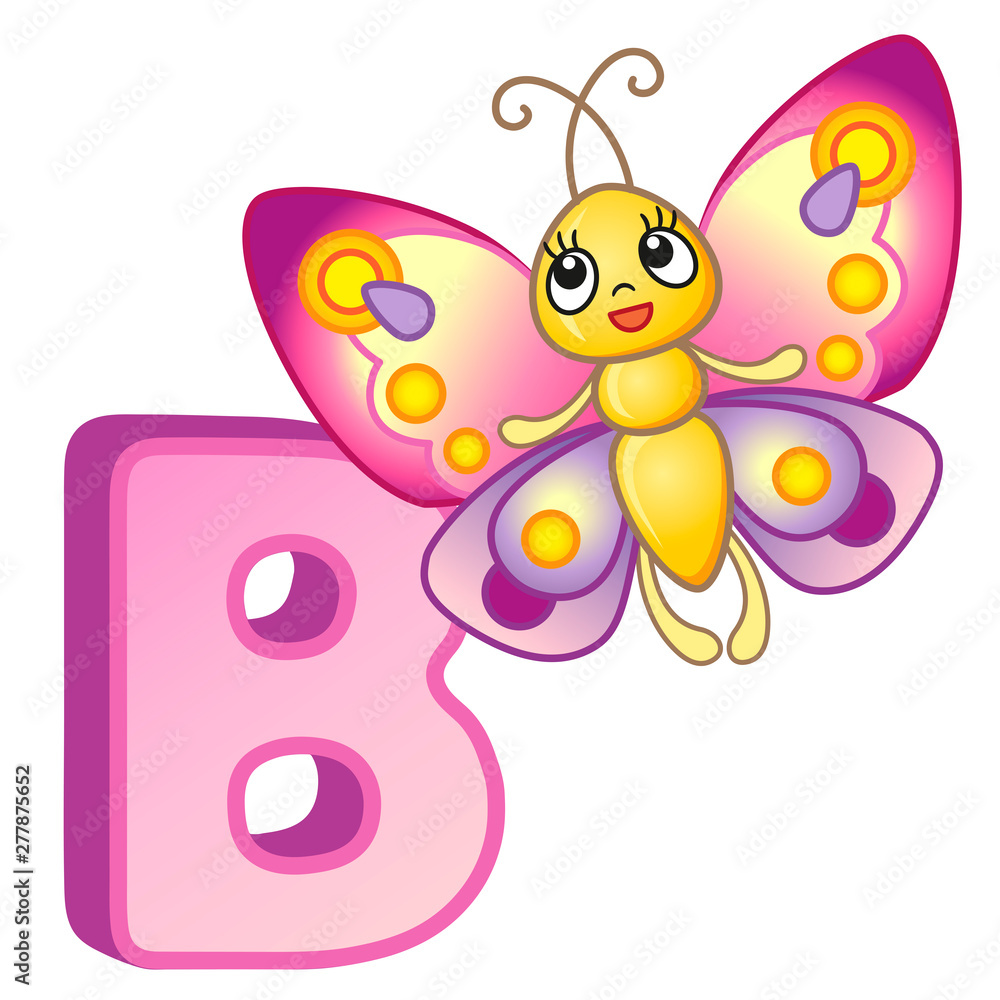 bright illustrations alphabet with capital letters of the English and cute cartoon animals and things. Poster for kindergarten and preschool. Cards for learning English. Letter B. Butterfly bright illustrations alphabet with capital letters of the English and cute cartoon animals and things. Poster for kindergarten and preschool. Cards for learning English. Letter B. Butterfly