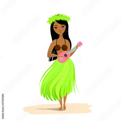 Hawaiian girl dancing hula with ukulele in hands isolated on white background. Cute polynesian dancer in costume, flower hair wreath and hawaiian guitar.