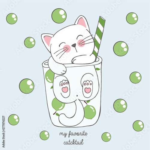 Vector illustration of cute kawaii hand drawn cat in anime style in a glass of lime cocktail with green bubbles, lettering my favorite catcktail, drawing for childrens menu, cocktail party