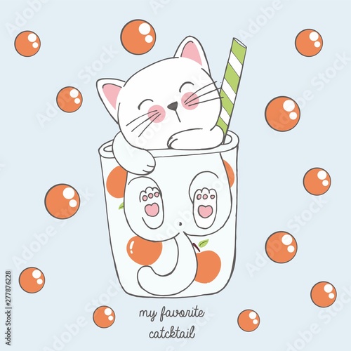 Vector illustration of cute kawaii hand drawn cat in anime style in a glass of peach cocktail with red bubbles, lettering my favorite catcktail, drawing for childrens menu, cocktail party