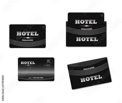 Black hotel RFID key card with keycard sleeve holder, vector template. Plastic card case
