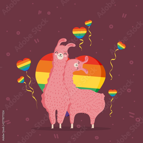 Flat llamas gays, lesbians with flag LGBT-community in the heart. Alpaca. Love is love, pride parade