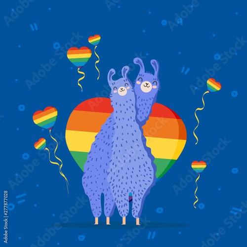 Flat llamas gays, lesbians with flag LGBT-community in the heart. Alpaca. Love is love, pride parade