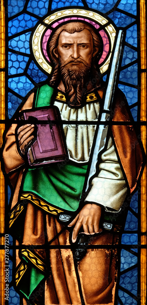 Saint Paul the Apostle stained glass window in parish church of Saint Mark in Zagreb, Croatia 