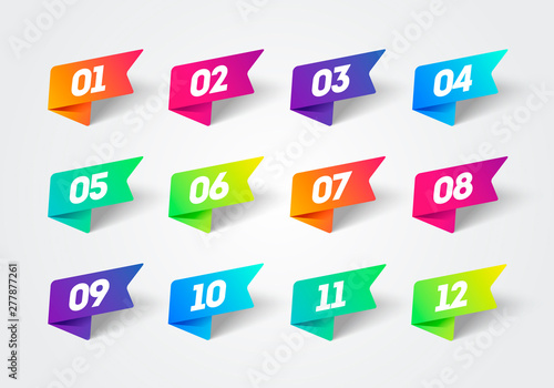 Vector Number Bullet Point 1 to 12 Colorful Label Ribbons Set