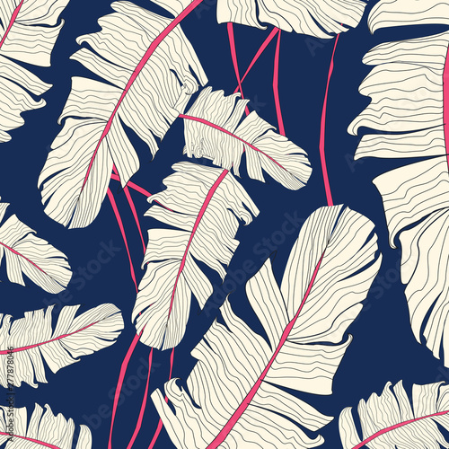 Tropical plants seamless pattern, Bird of paradise, Selenicereus chrysocardium and Hoya obovata on blue background.
