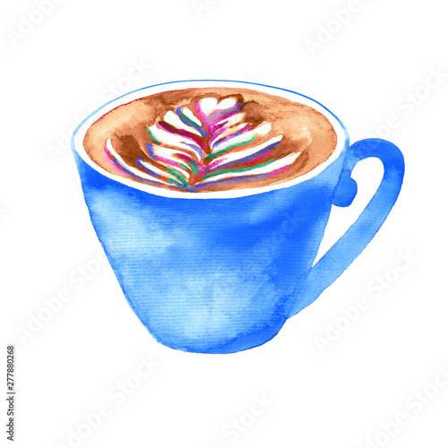 Watercolor blue cappuccino cup with color latte art. Hand drawn illustration