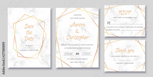 Elegant wedding invitations set with golden geometric frames and and gray marble texture. Luxury invitation collection with save the date and rsvp card vector templates.