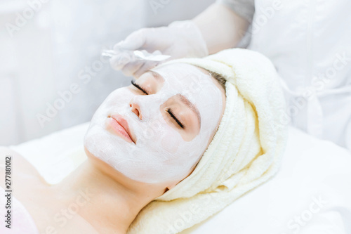 Portrait of beautiful woman laying with towel on the head. Hands of cosmetology specialist applying cream facial mask using brush. Beauty, spa, cosmetology and skincare concept.