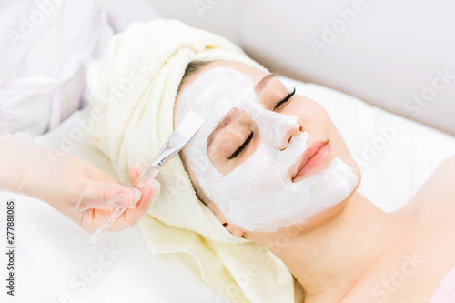 Portrait of beautiful woman laying with towel on the head. Hands of cosmetology specialist applying cream facial mask using brush. Beauty, spa, cosmetology and skincare concept.