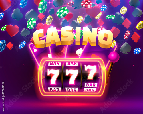 Casino neon slot machine, Playing Cards wins the jackpot.