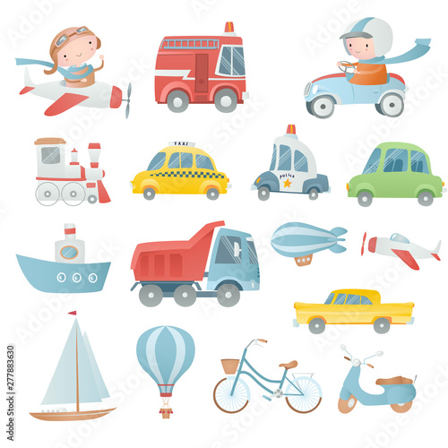 Cartoon set with  a pilot, a driver and transport.