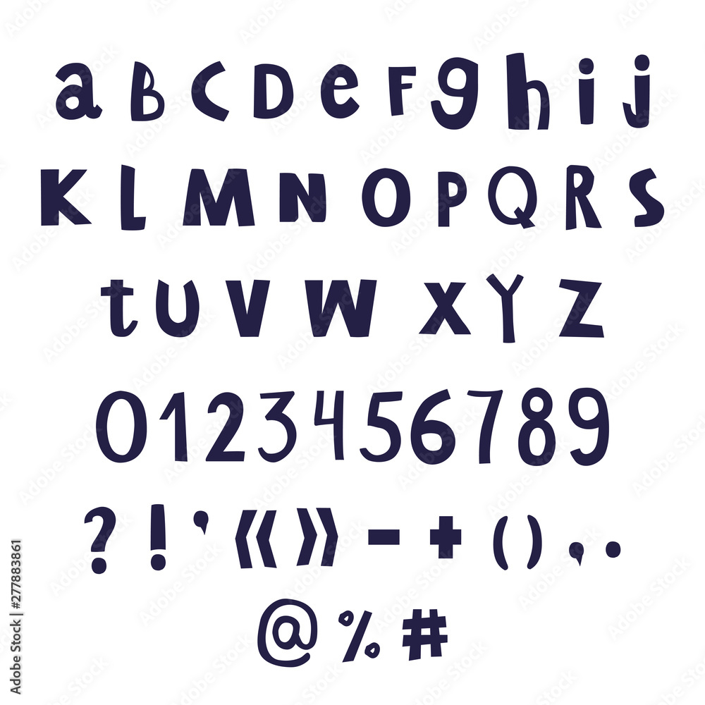 Hand-drawn letters and numbers set. Vector latin alphabet.